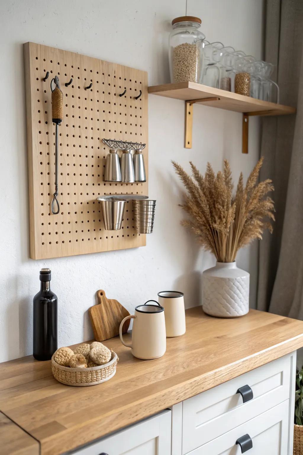 A pegboard bar wall keeps tools and mugs vertical—clean, chic storage for a tiny game-room bar.