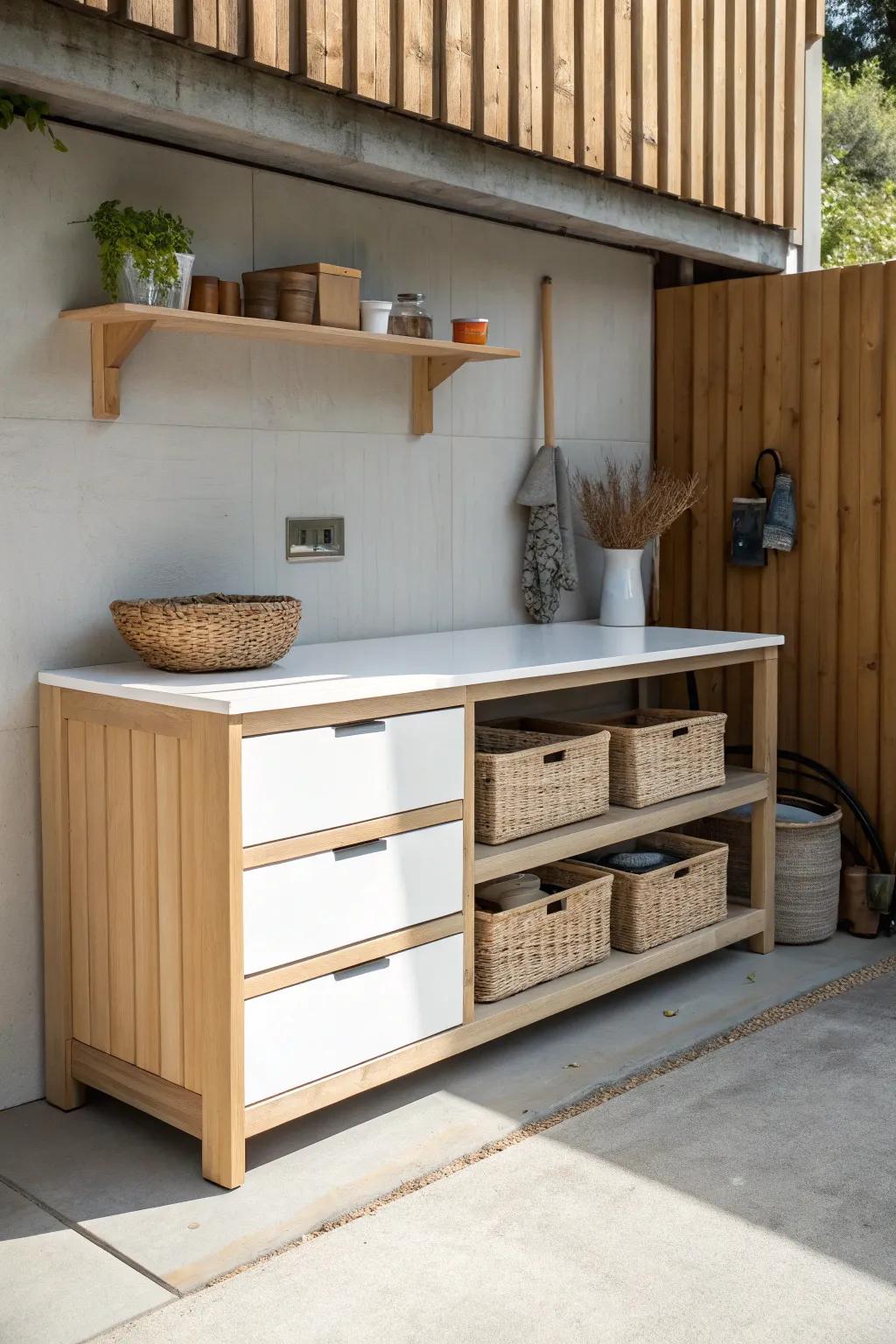 A shallow workbench with drawers adds workspace without stealing precious garage parking room.