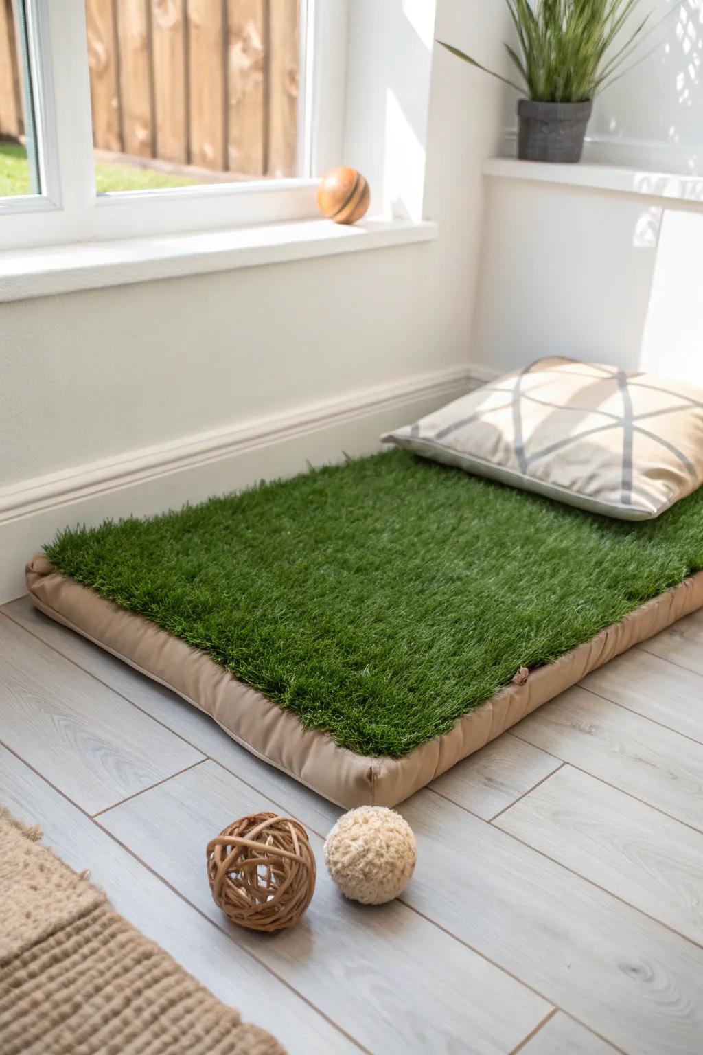A cushioned artificial-grass play patch keeps tiny gardens clean, soft, and ready year-round.