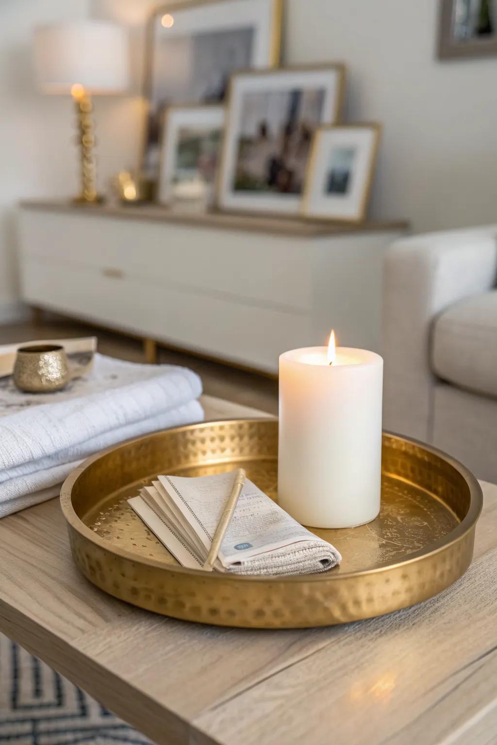 Repeat one metal finish—brushed gold—to make a small glam living room feel cohesive.