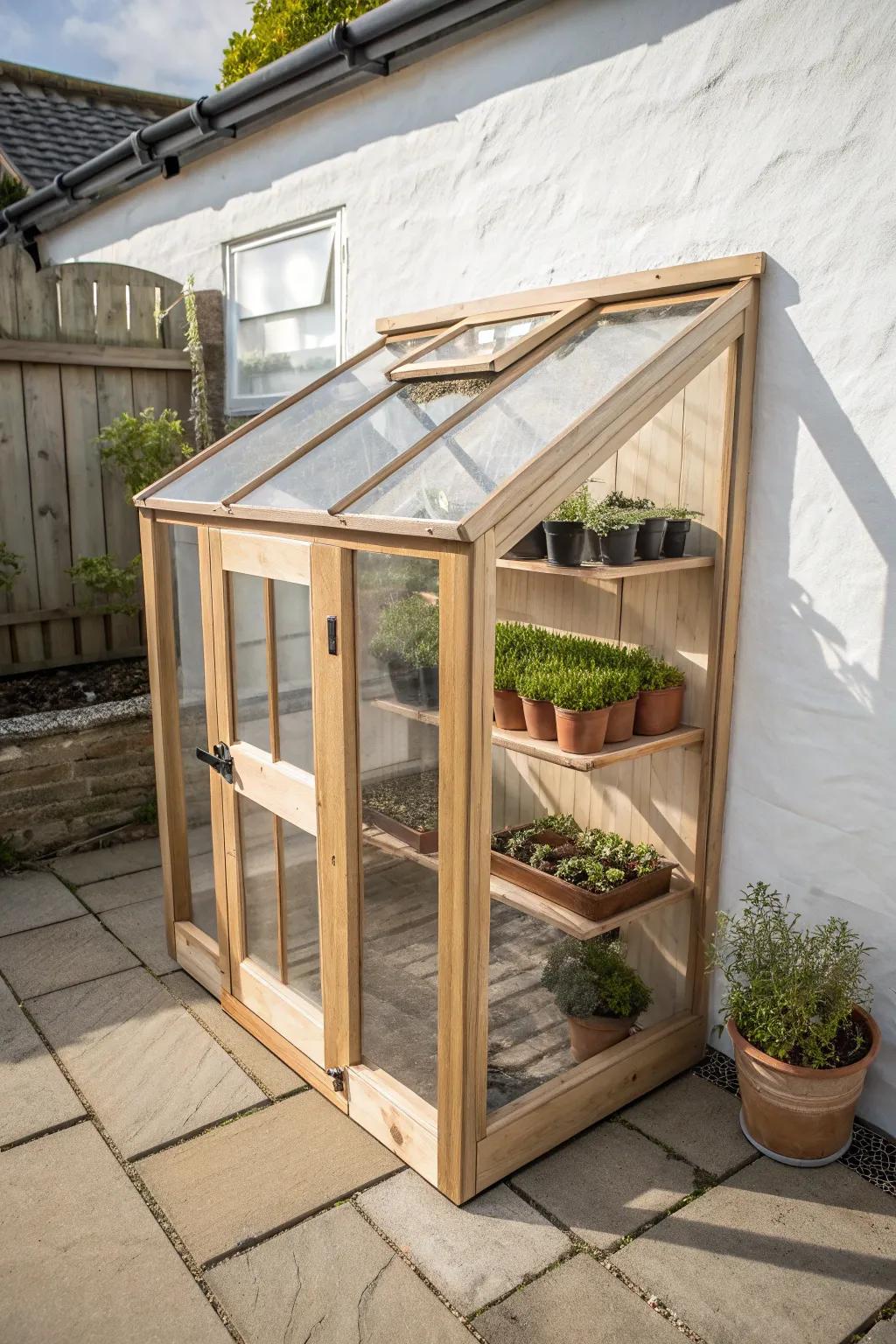 A sleek triangle corner greenhouse turns an awkward patio corner into a calm seed-starting station.