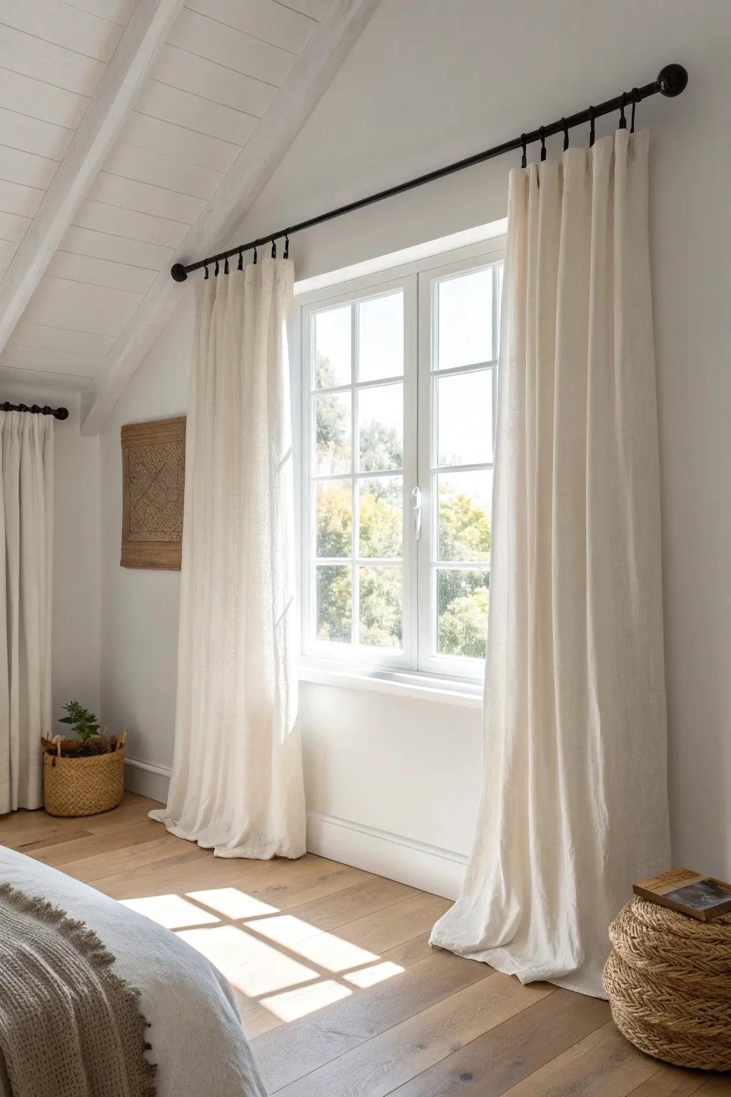 Hang curtains high and wide to make a small guest bedroom feel taller—on a budget.