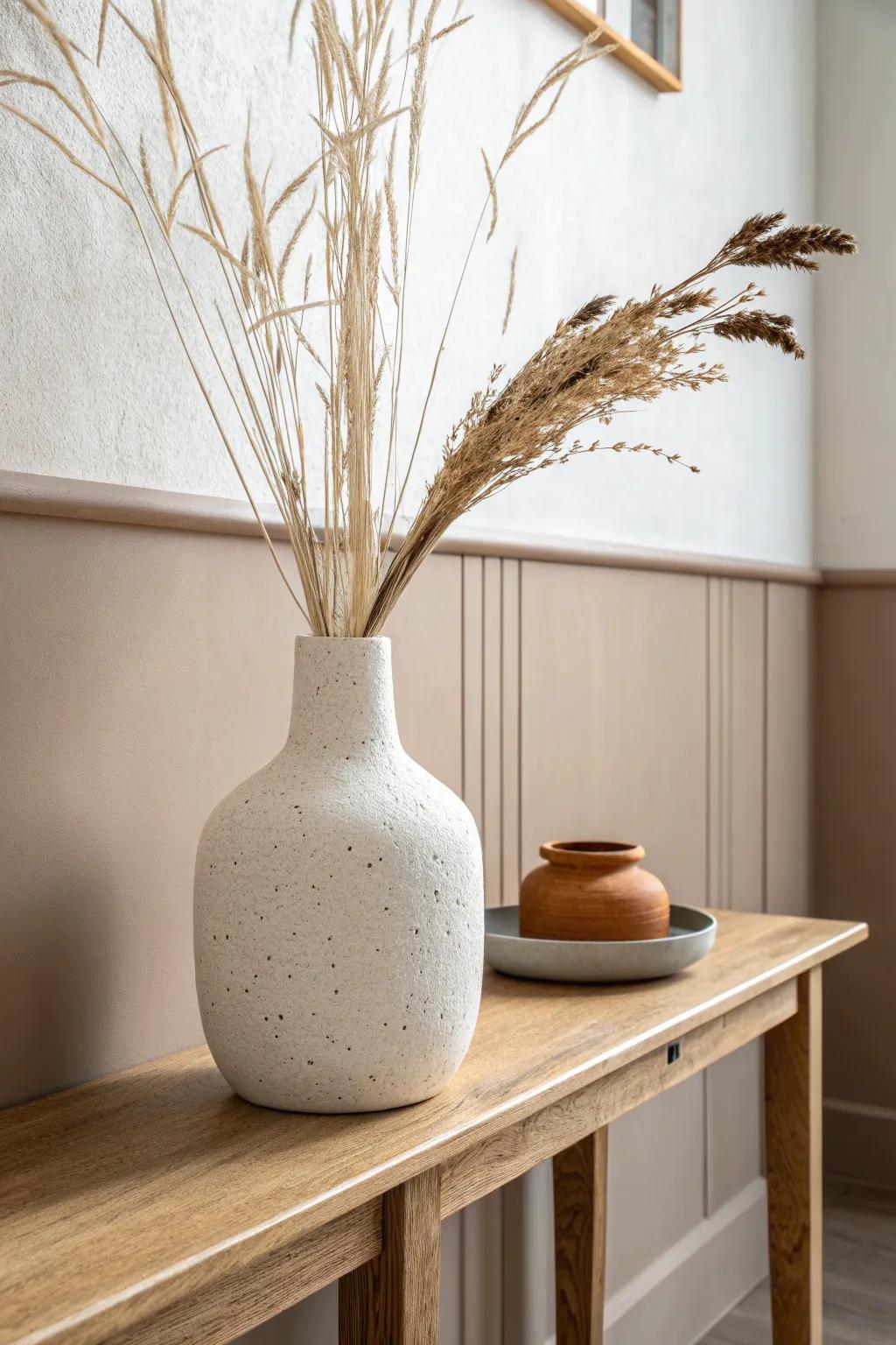 A simple two-tone wall + one statement vase instantly makes a small hallway feel taller.