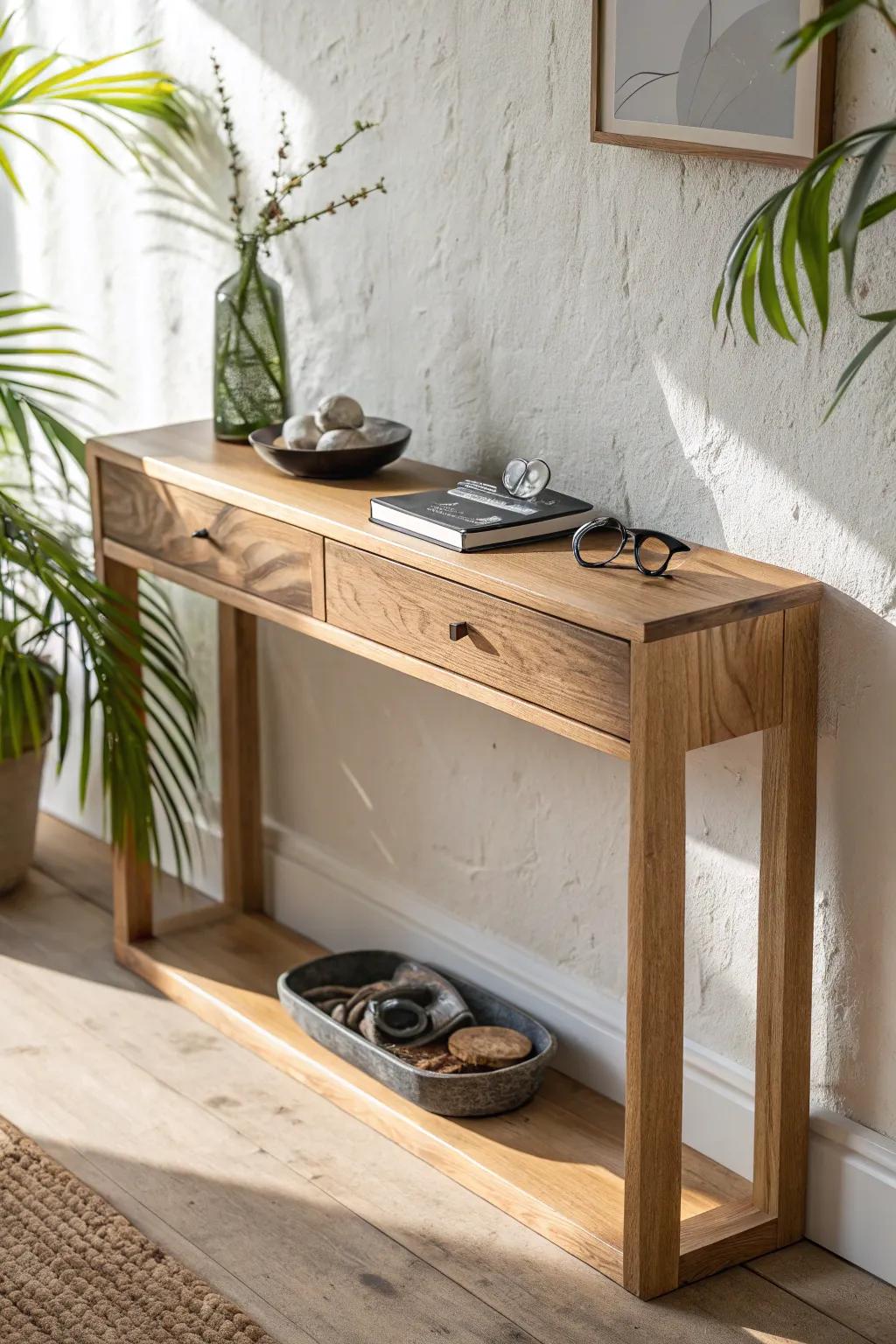 A slim console shelf + tiny key tray creates a polished entry moment—without the clutter.