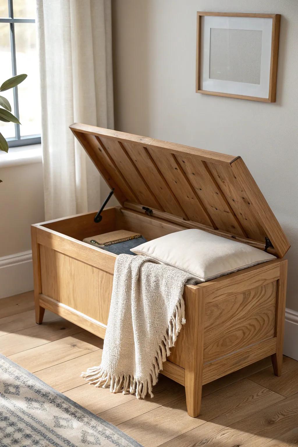 A chic storage bench adds instant seating plus hidden space for linens and bags.