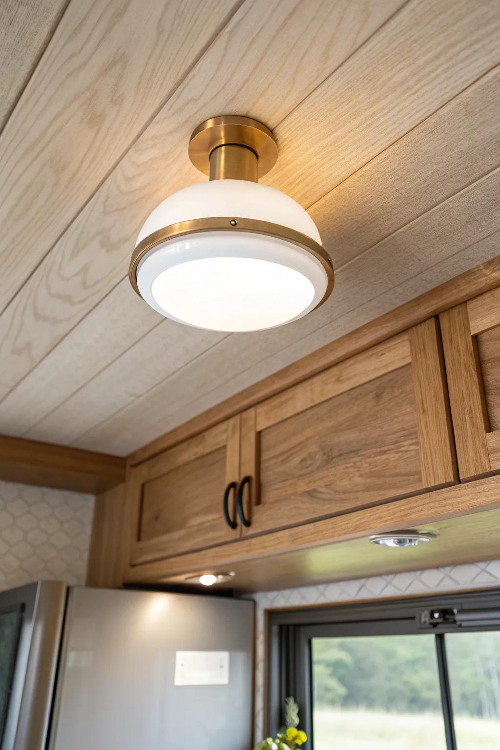 Flush-mount lighting plus a soft under-cab glow makes tiny trailer kitchens feel taller and wider.