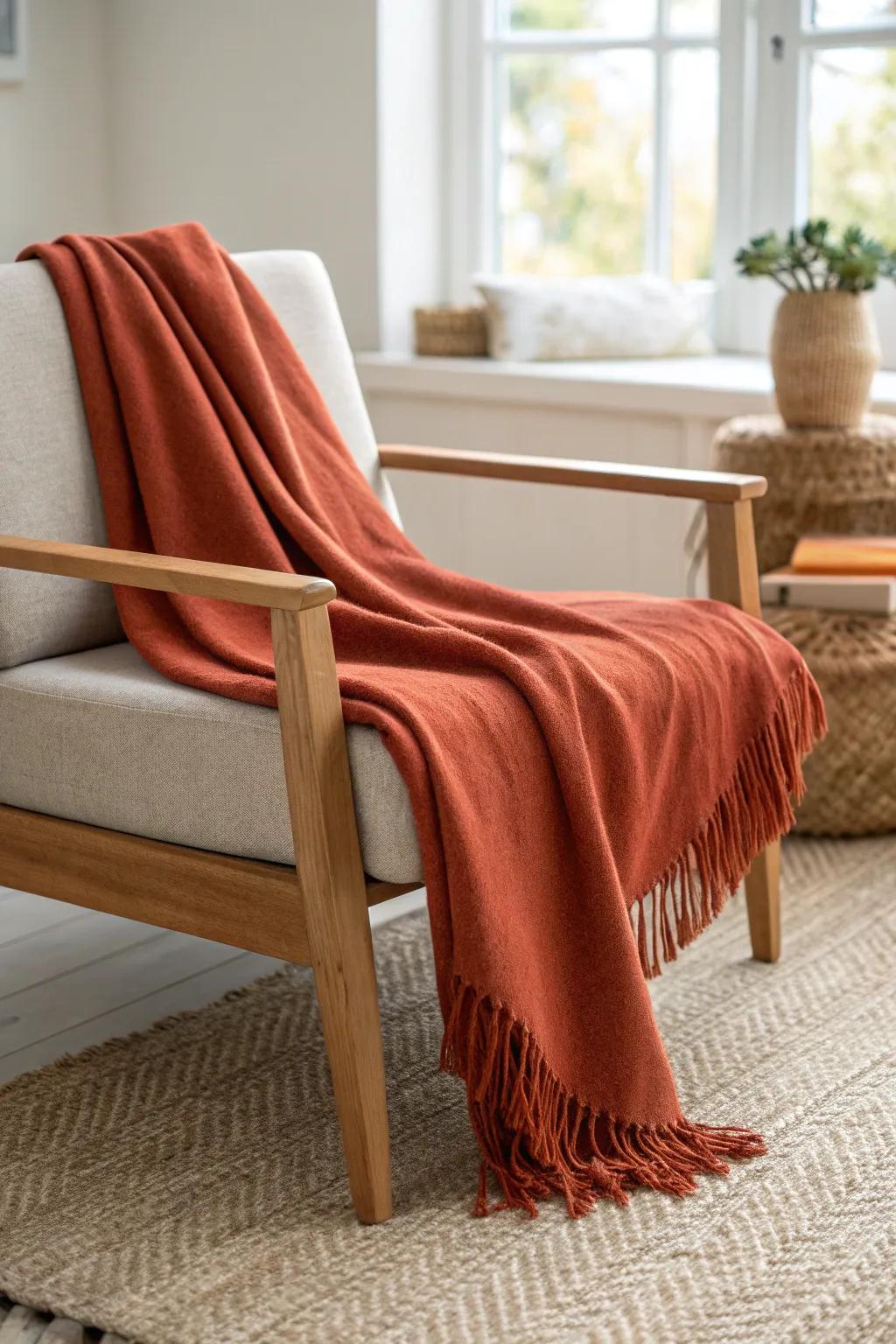 One terracotta throw transforms a neutral small living room into a styled, intentional space.