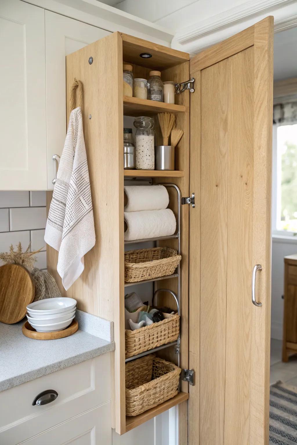 Underrated storage: a sleek cabinet-door organizer that frees a whole drawer in tiny kitchens.