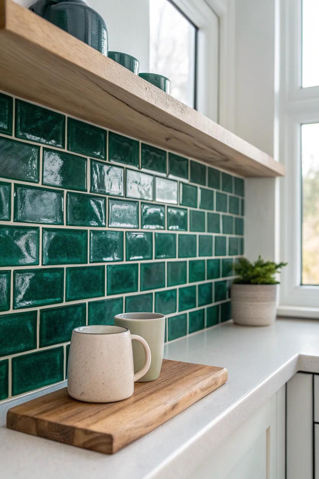 Deep emerald zellige on one wall adds jewel-tone depth without overwhelming a small kitchen.