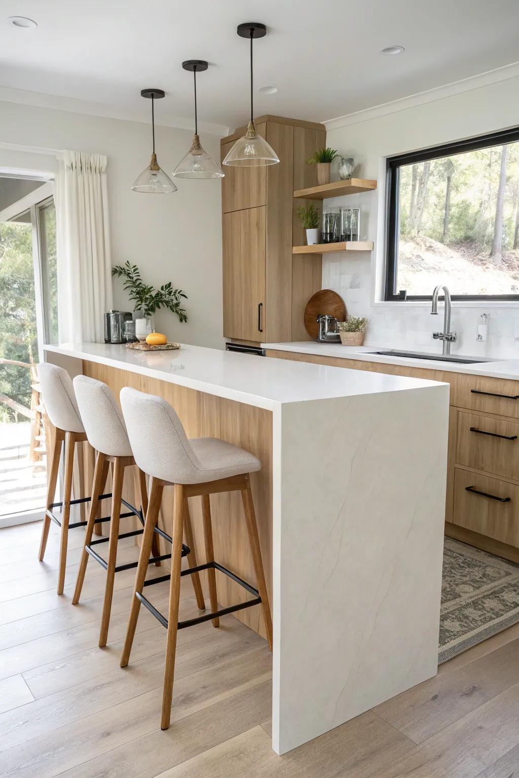 Compact kitchen bar with a sleek waterfall-edge countertop—minimal, warm, and high-end.
