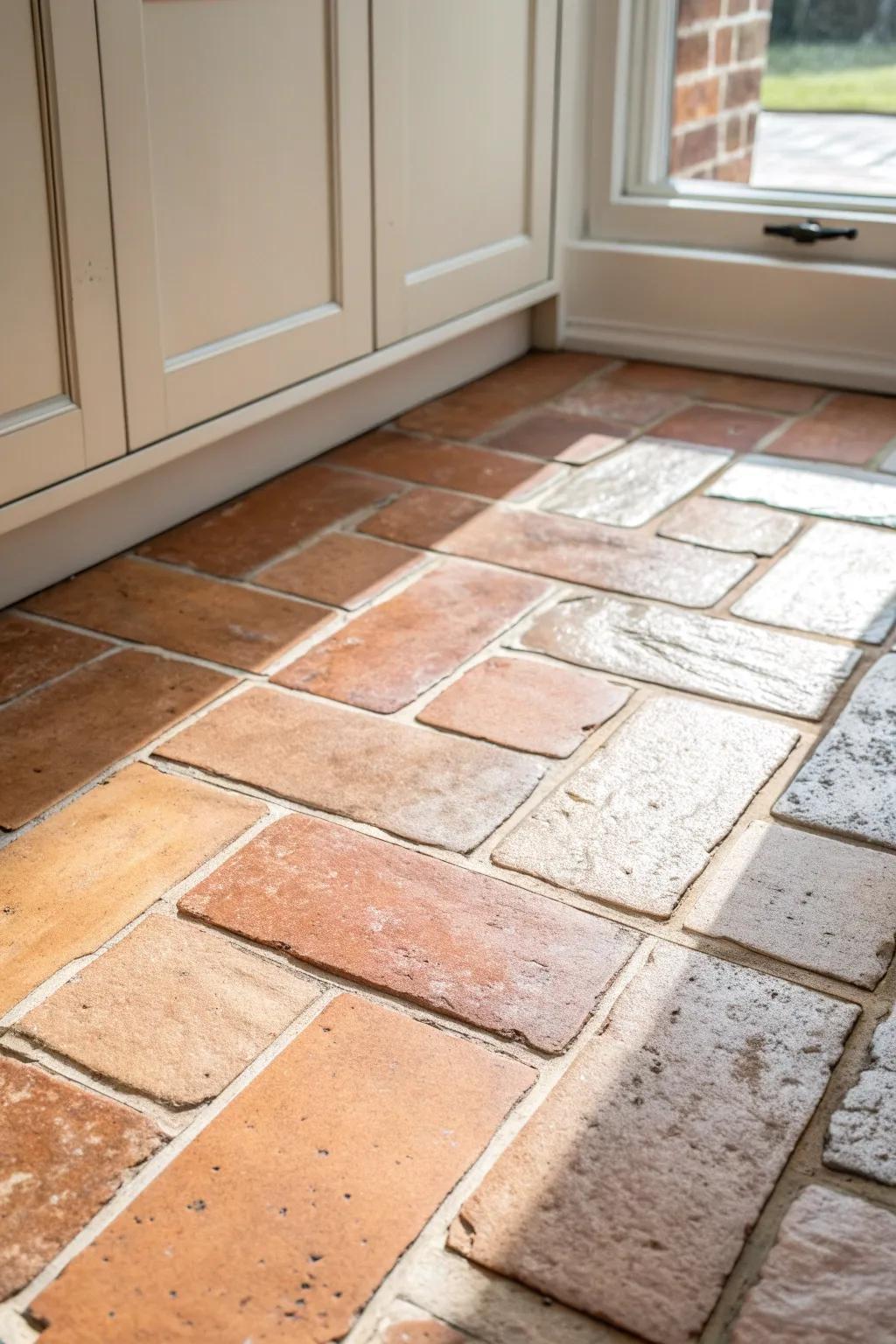 Handmade brick pavers add cottage charm and grounded warmth to even the tiniest kitchen.