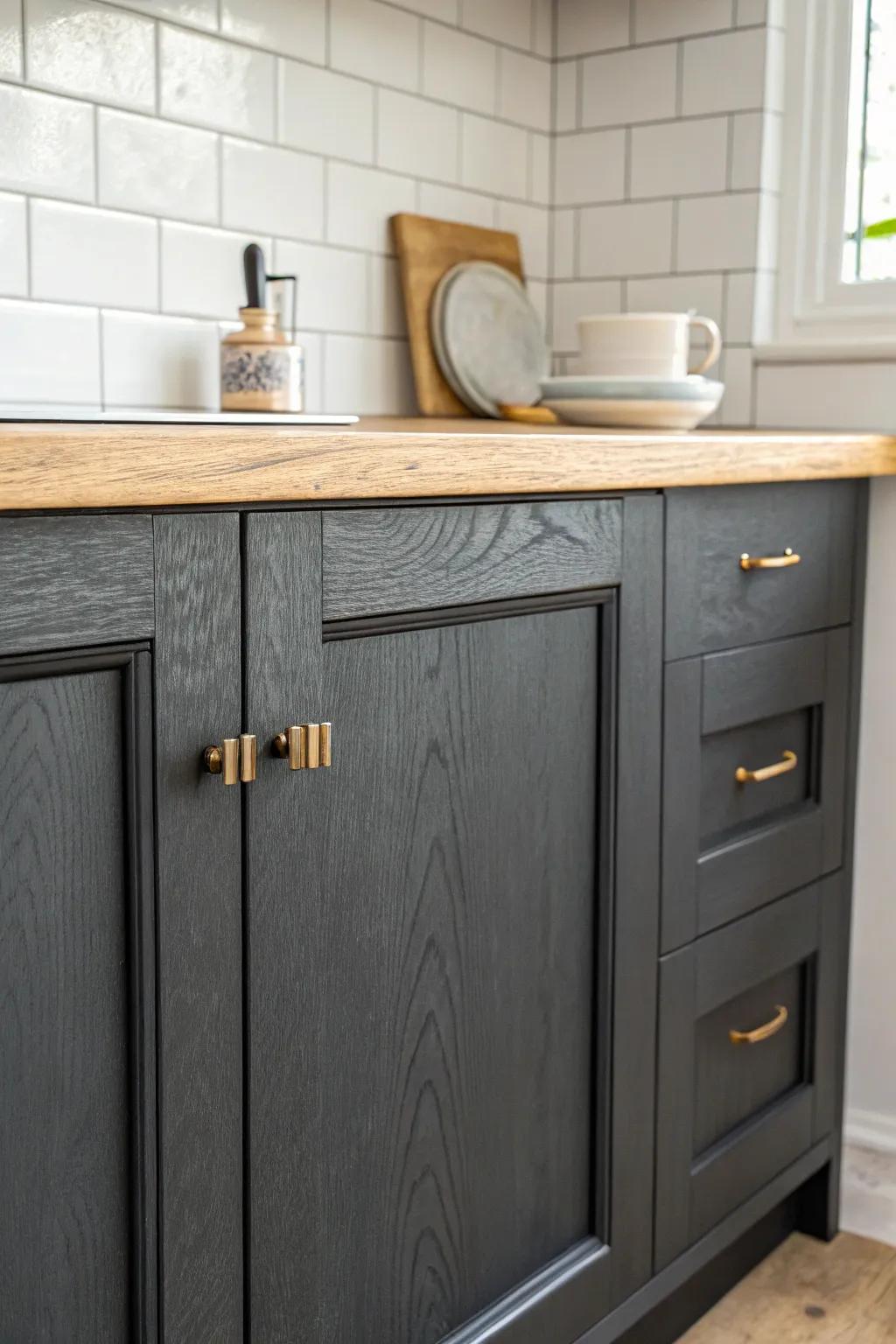 Charcoal lower cabinets add depth in a tiny kitchen while bright uppers keep it airy.