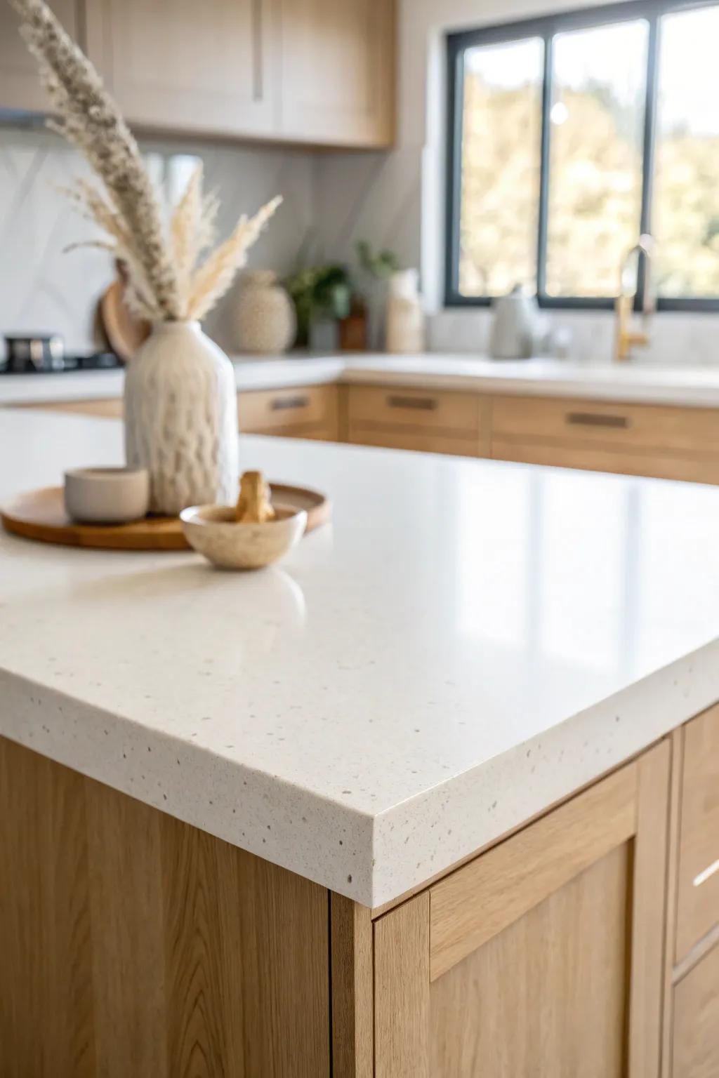 A sleek waterfall edge makes a small peninsula feel custom, clean, and beautifully finished.