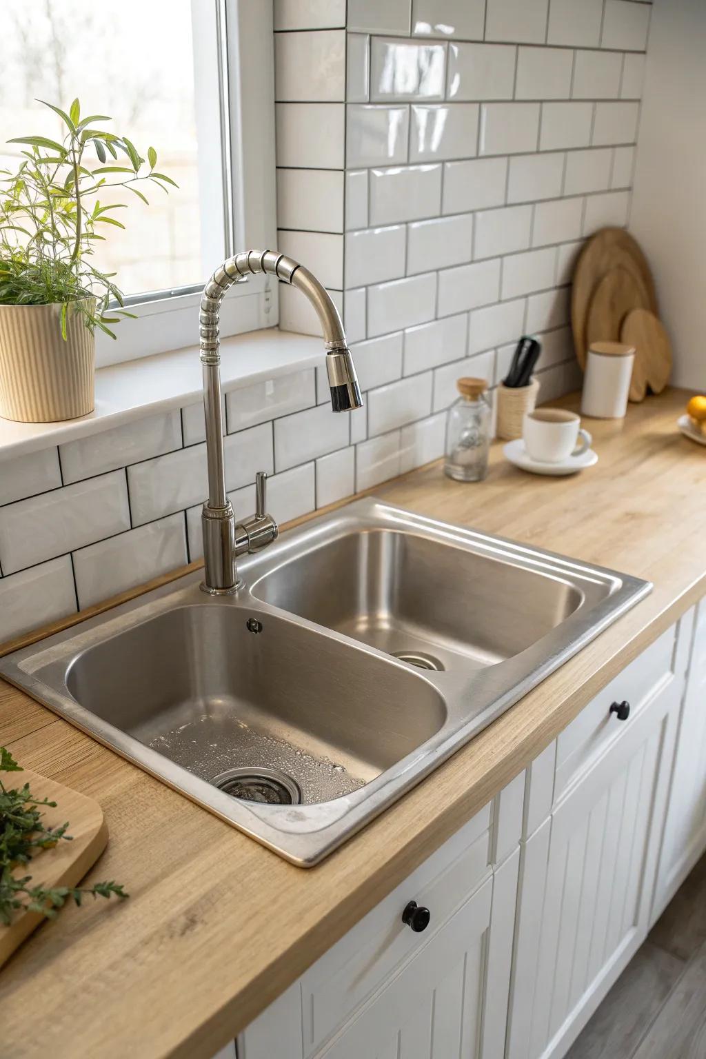 A D-shaped sink keeps galley kitchens sleek—flat back, roomy curve where you wash.