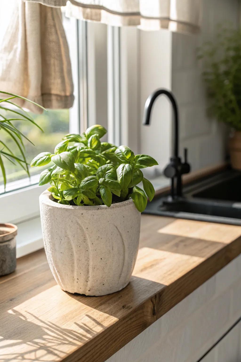 Tiny windowsill herb pot over the sink—minimal, practical, and pretty in small kitchens.