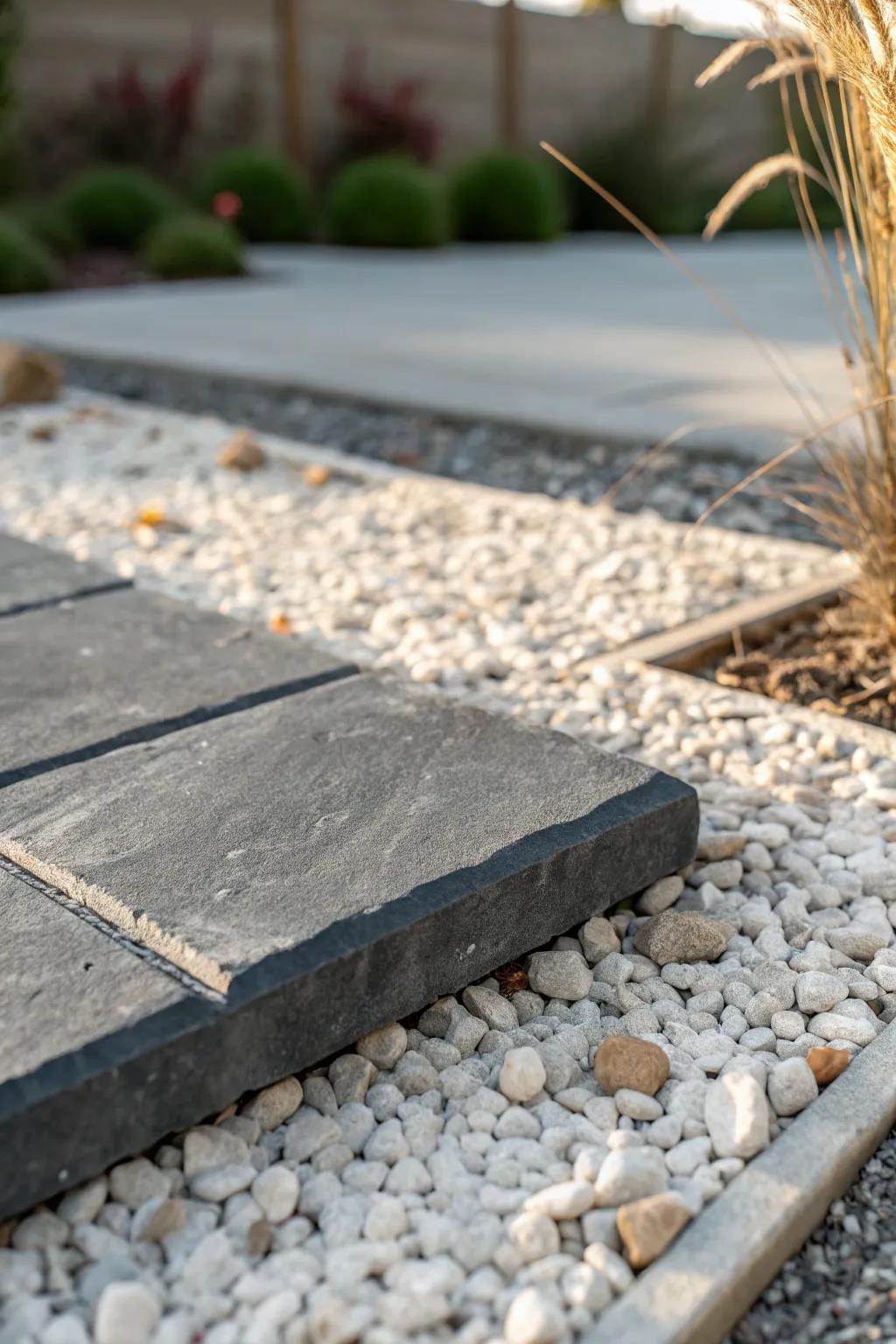 Paver + gravel pairing adds structure and airy texture—perfect for a narrow side yard.
