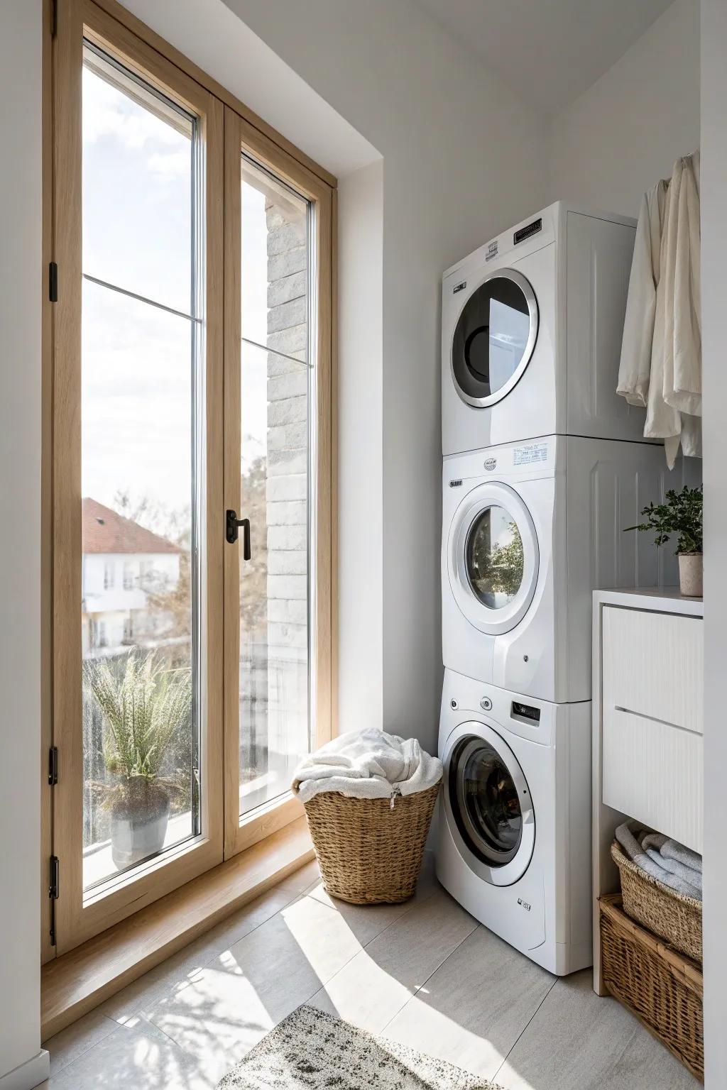 Stacked washer-dryer beside a clear window for a bright, airy small-space laundry nook.