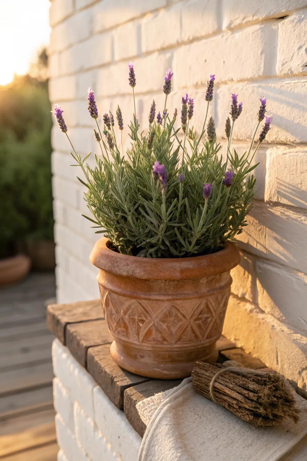 Lavender against a sunny wall adds a soft glow and turns hard brick into a dreamy backdrop.