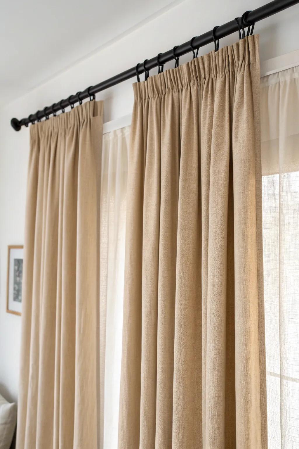 Hang curtains wall-to-wall to make a tiny window feel architectural and the room look wider.