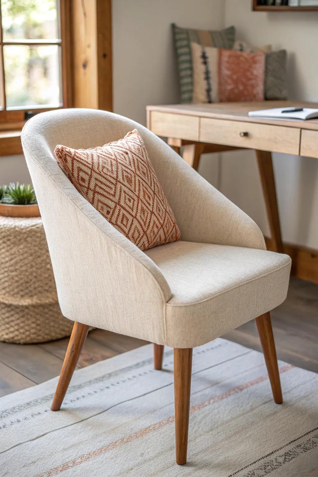 Use an accent chair at your desk—soft upholstery plus a lumbar pillow makes work feel homey.