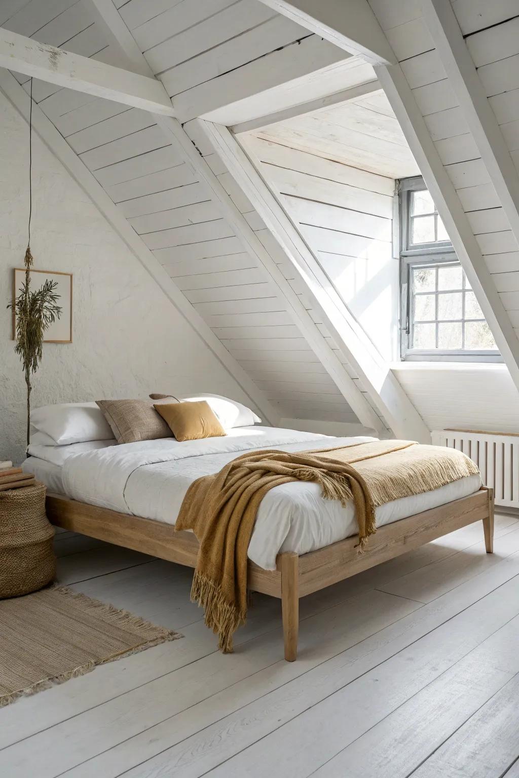 Go low under sloped ceilings: a sleek platform bed keeps the tight side cozy and livable.