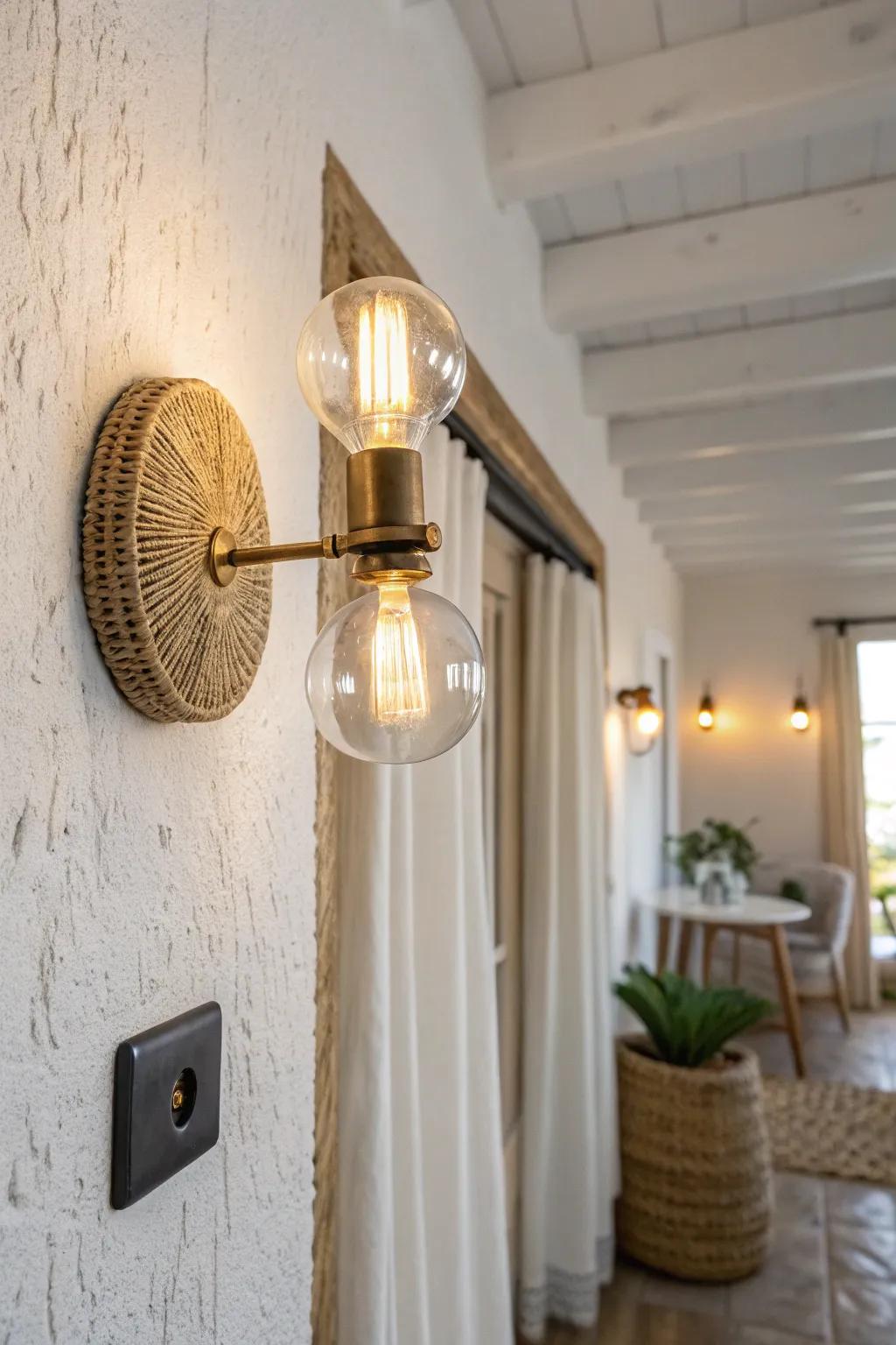 Layered lighting starts here: a warm artisan wall sconce that makes small suites feel airy.