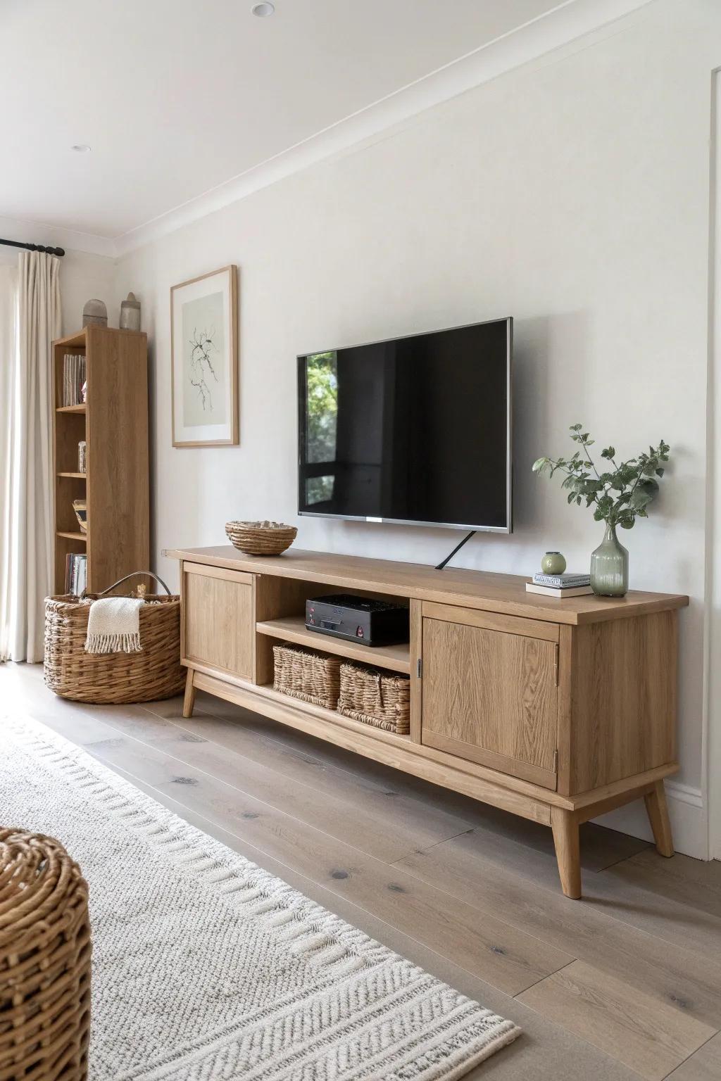 A long slim console turns a narrow room into a sleek media wall—storage without bulk.