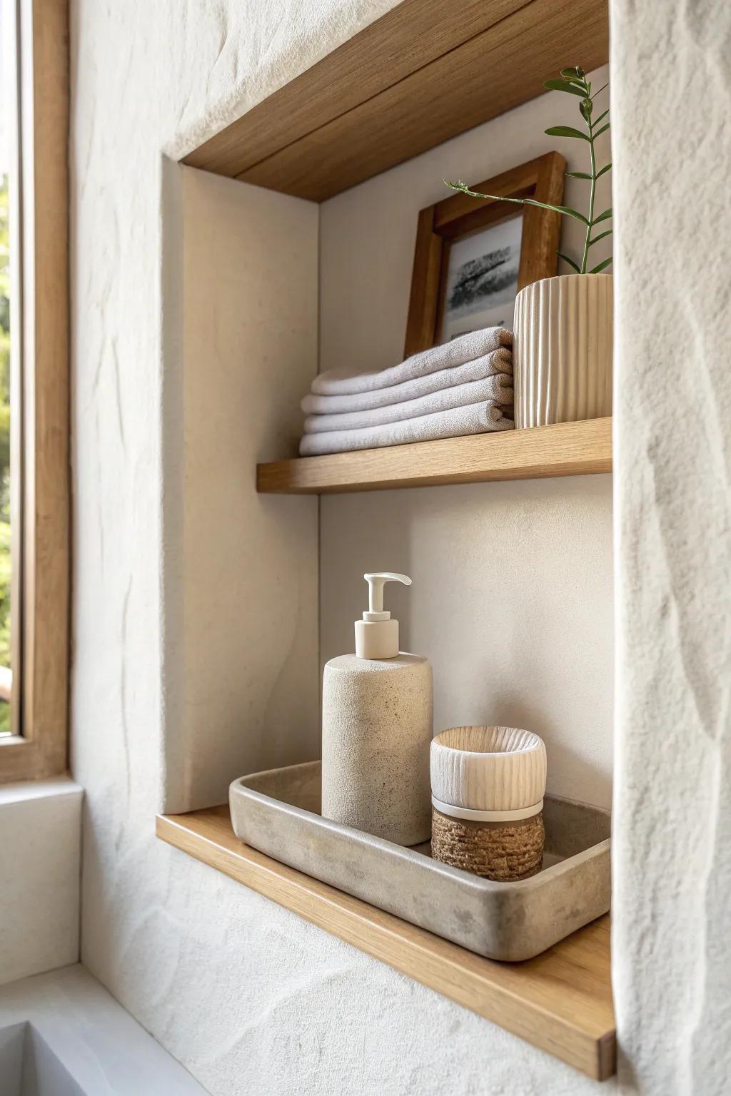 A recessed niche keeps wipes and air freshener close—without stealing a single inch of space.