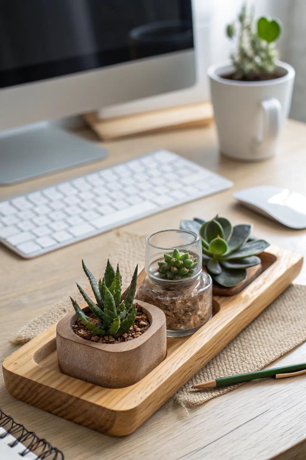 A tiny trio of desk plants adds instant life to your small office—no extra space needed.