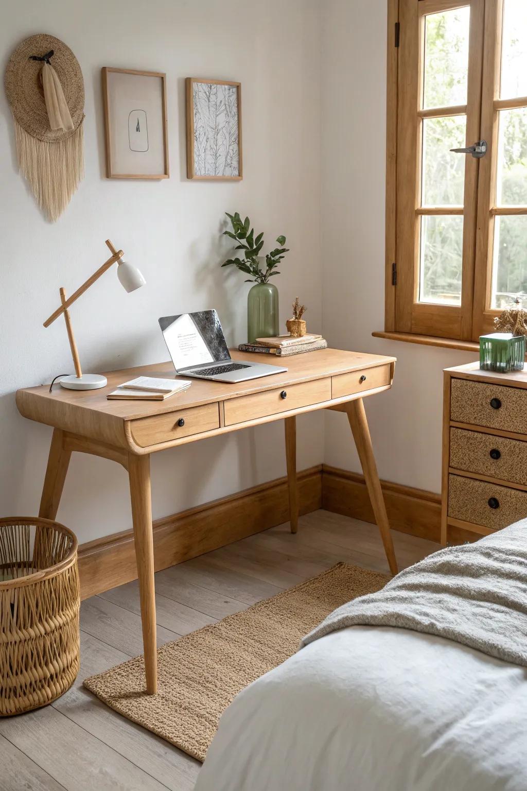 A slim foot-of-bed desk keeps your bedroom office calm, centered, and clutter-free.
