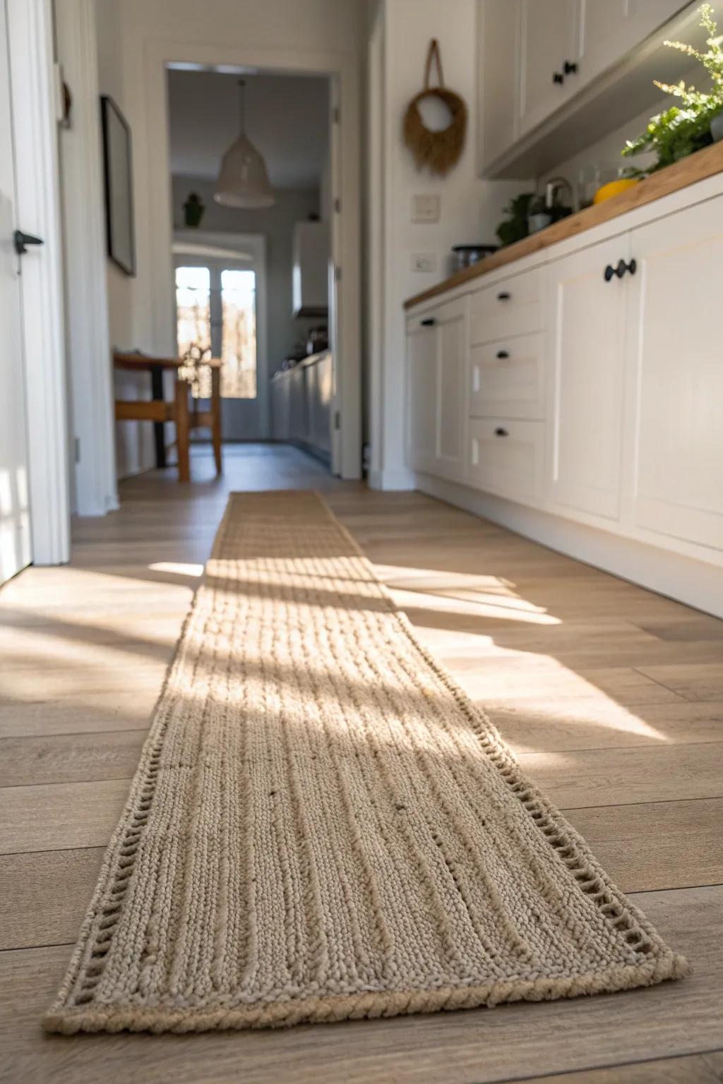 Handwoven runner defines the walkway—keep the center clear for an airy open plan.