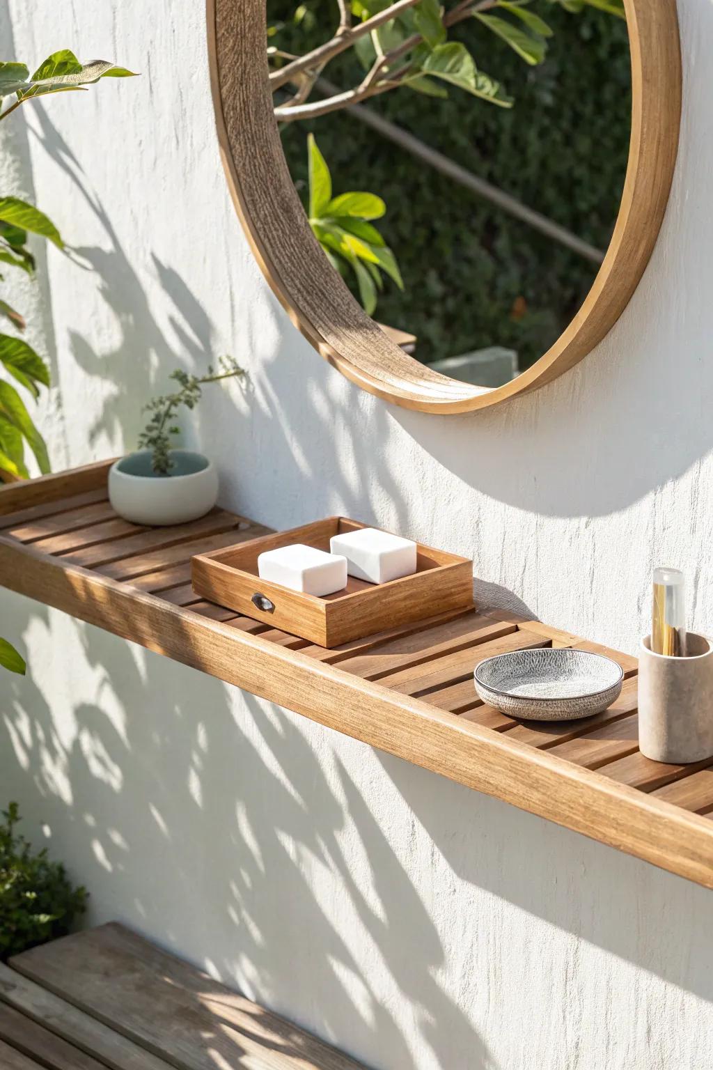 A tiny outdoor vanity moment: waterproof teak shelf + round mirror for real-bathroom vibes.