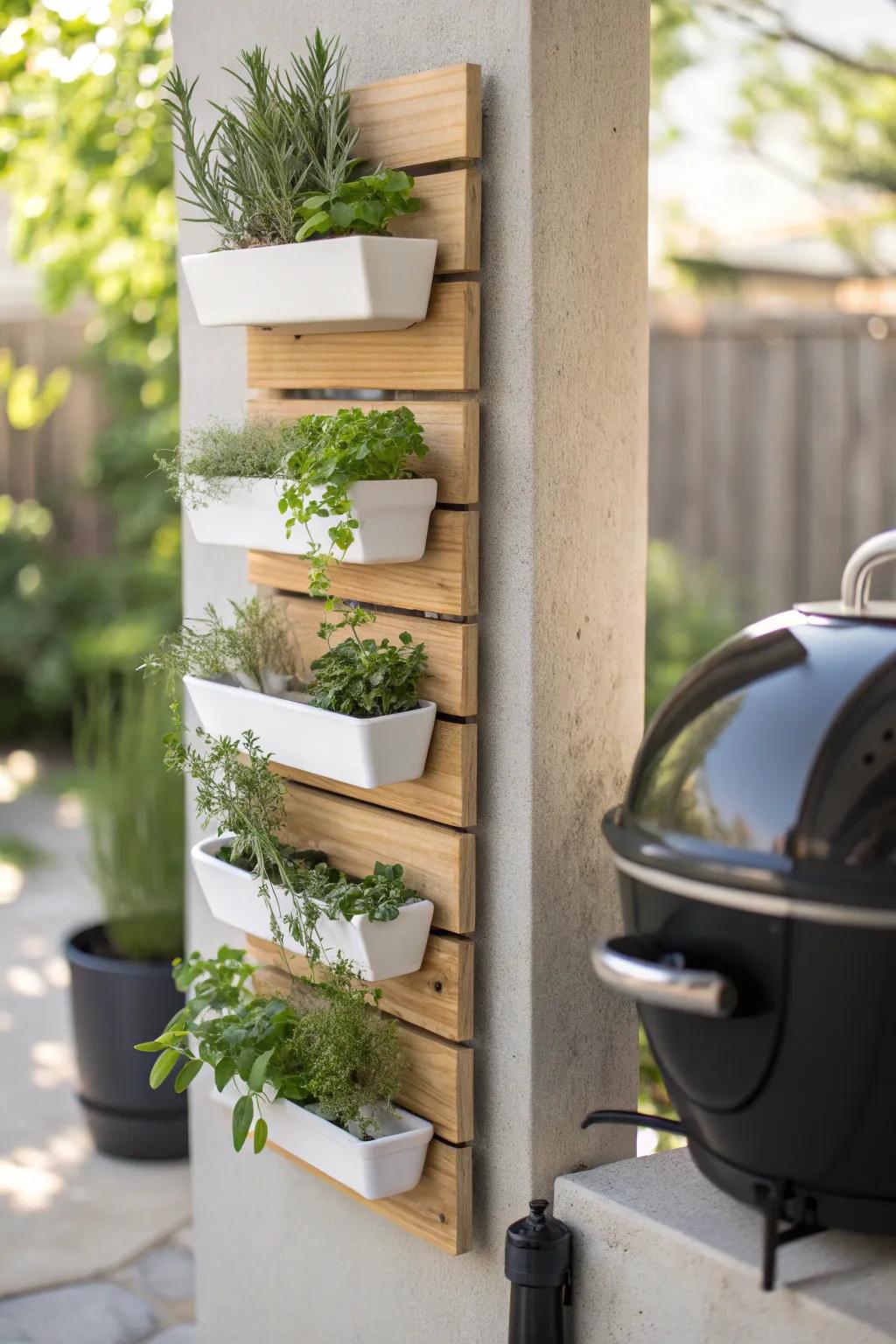 A vertical herb wall keeps your BBQ corner clutter-free—snip rosemary right at the grill.