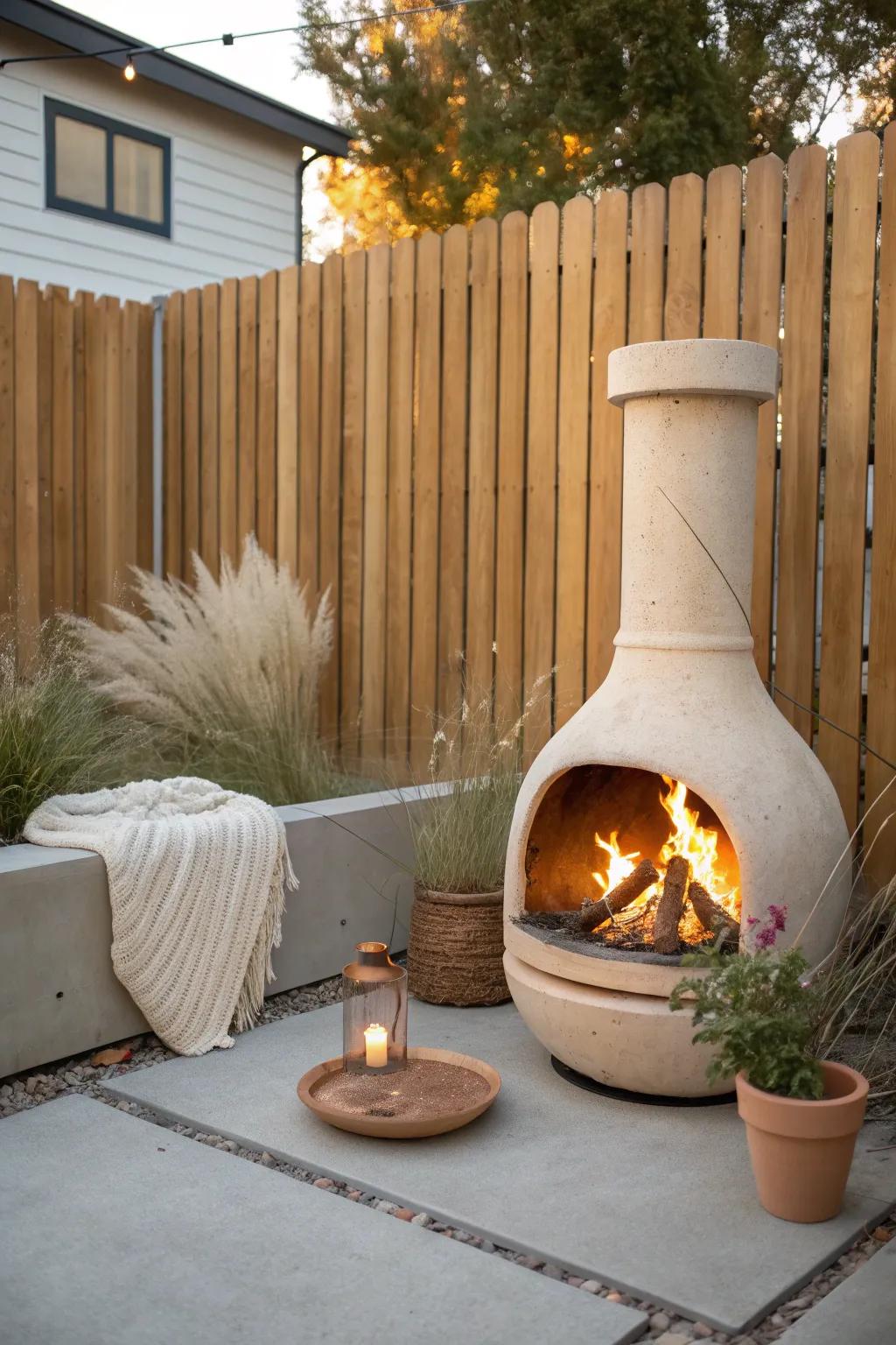 A petite outdoor fireplace framed by a cedar privacy fence—cozy, tucked-away, and chic.