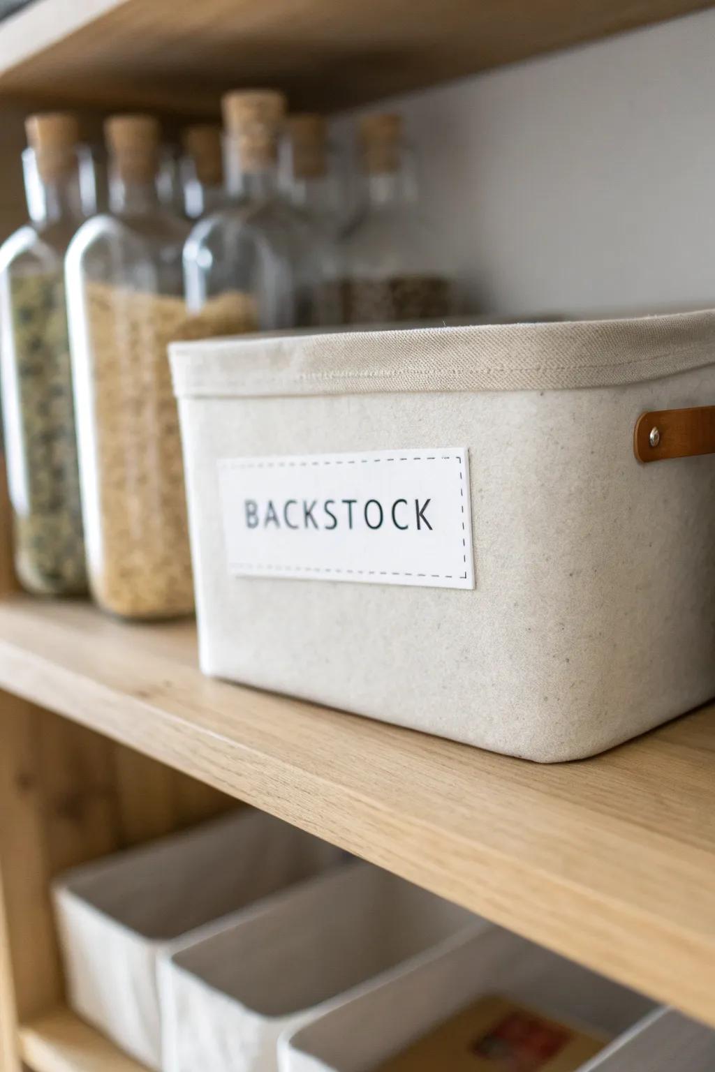 Keep extra cans and paper goods up high in a labeled “Backstock” bin to prevent pantry avalanches.
