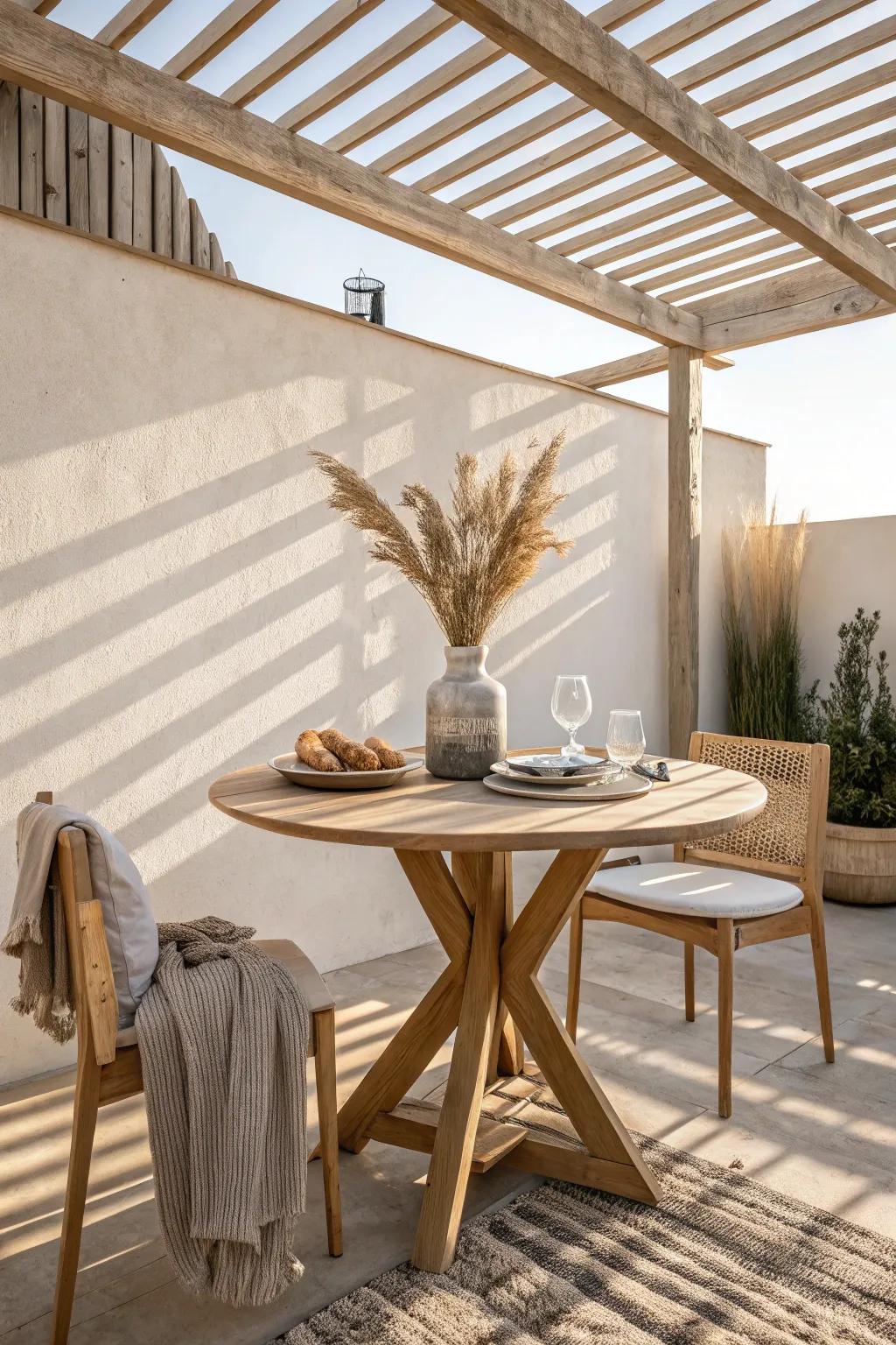 A round bistro table under a slim pergola makes even the smallest patio feel like a getaway.
