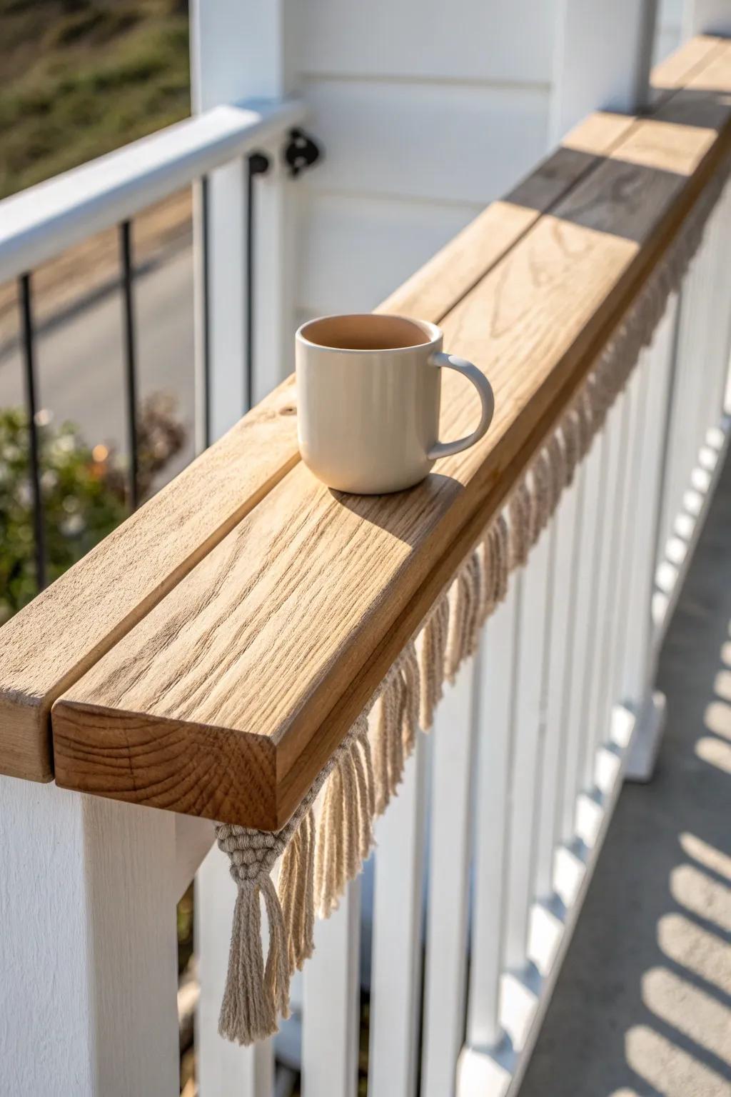 A railing-mounted bar ledge creates a cozy coffee spot without taking up porch floor space.