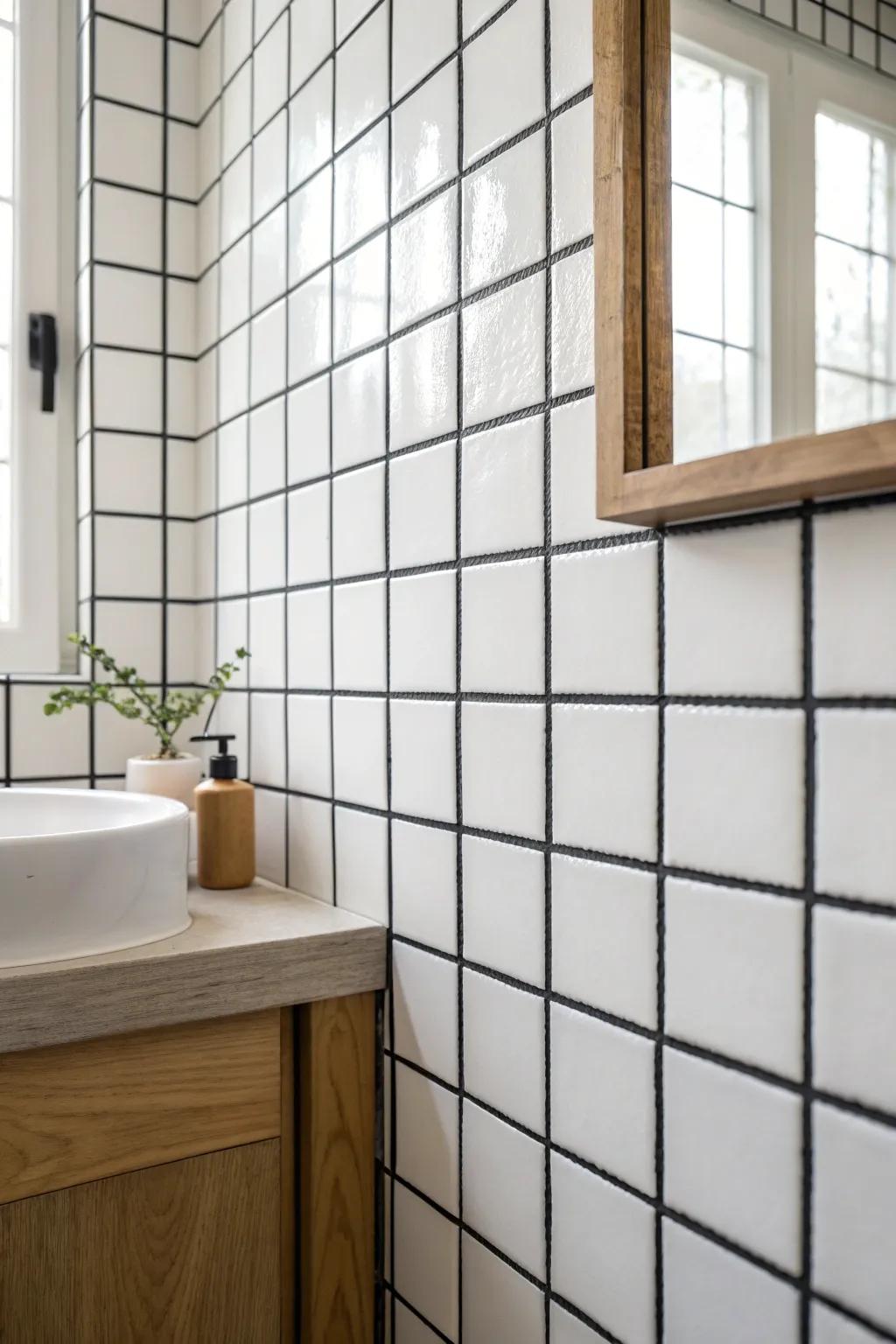 Contrasting grout turns simple tiles into a crisp graphic grid—perfect for tiny powder rooms.