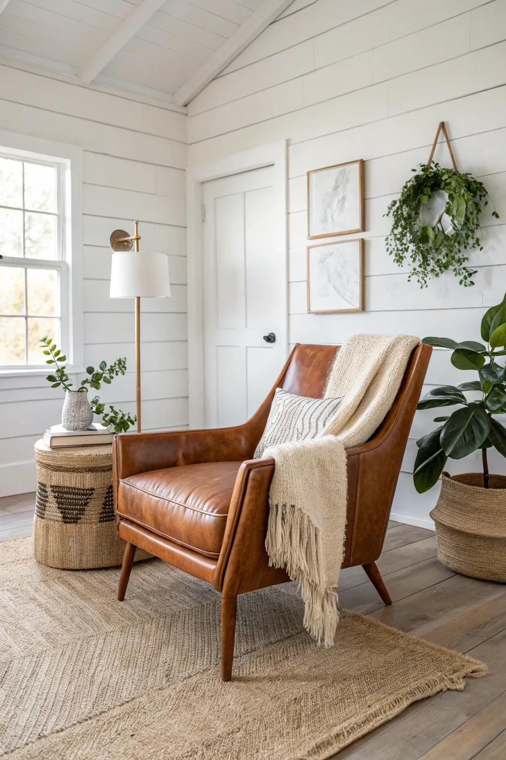 One cognac leather chair adds ranch warmth without weighing down a small living room.