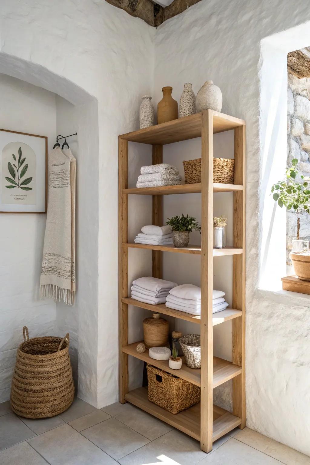 Corner wrap shelving turns forgotten edges into a warm, curated display with minimal footprint.