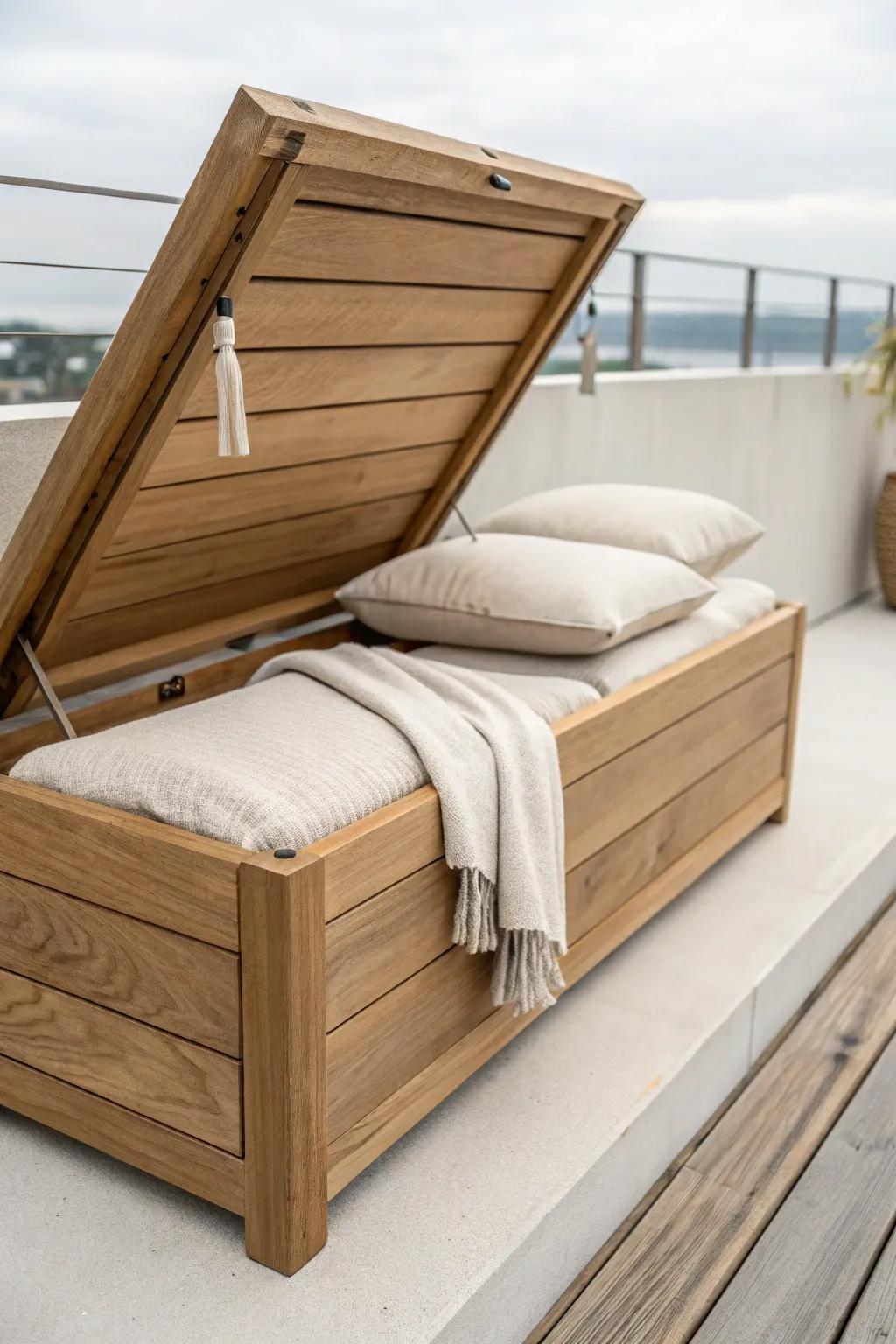 A storage bench keeps rooftop essentials tucked away—more seating, less clutter, always ready.