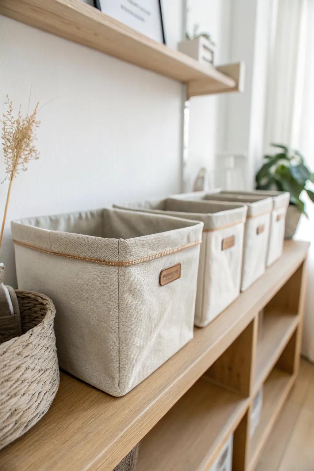 Matching bins keep a small guy’s room looking clean, calm, and intentionally organized.