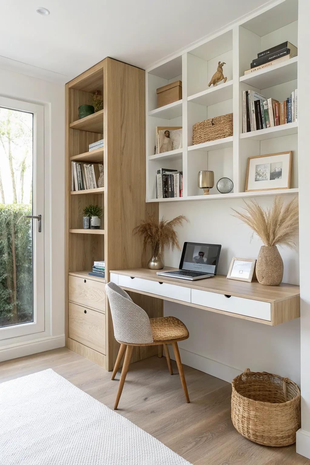 A desk built into bookshelves creates a serene, space-saving library nook for small rooms.