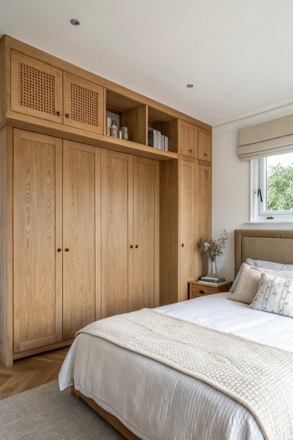 Built-in bed storage wall: tall cabinets + overhead bridge for a cozy, clutter-free small room.