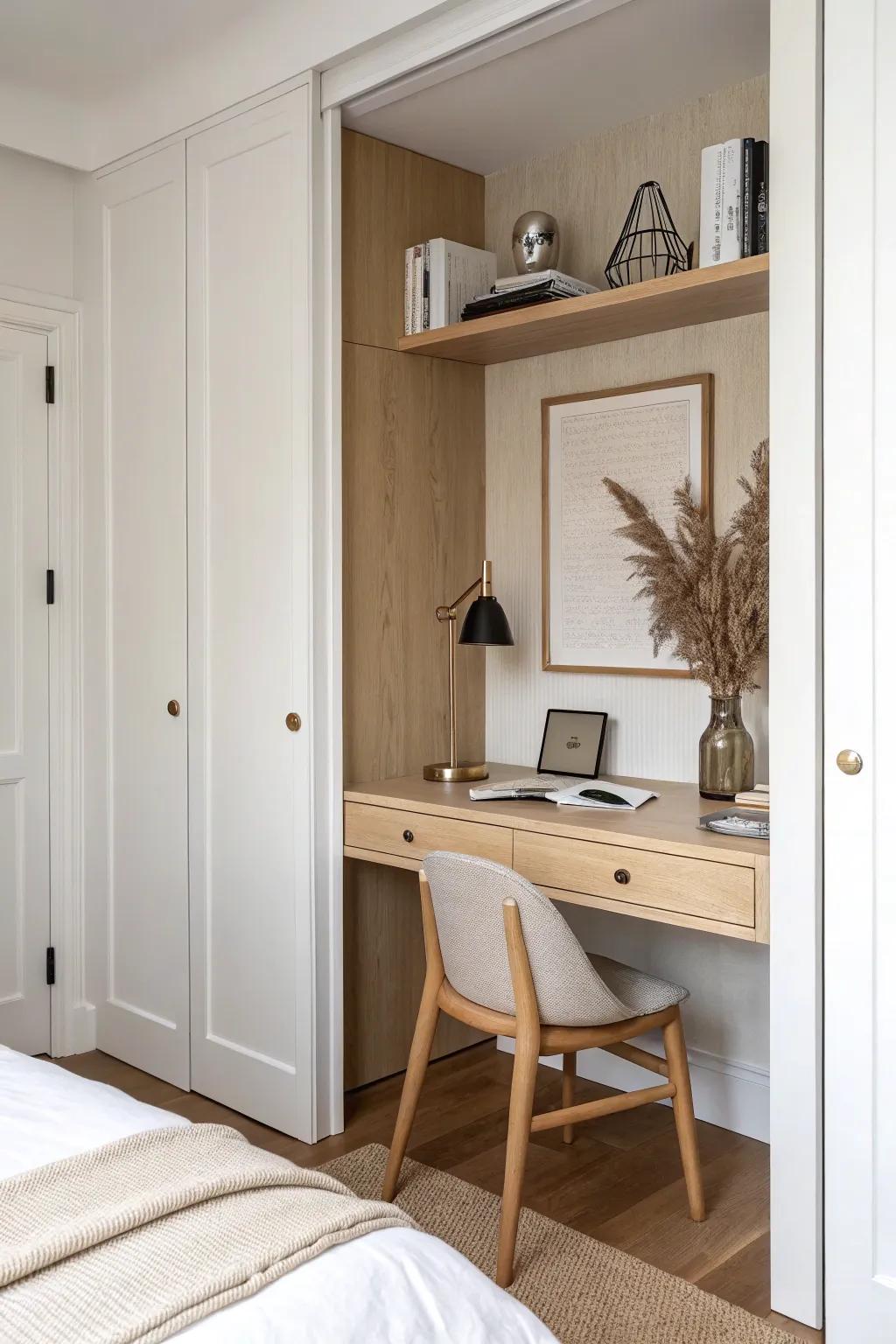 A closet nook desk that closes away work—while your queen bed stays the star.
