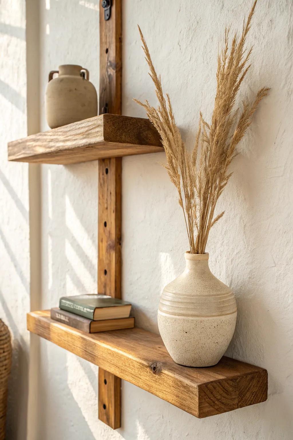 Go vertical: chunky oak brackets turn simple shelves into rustic small-space magic.