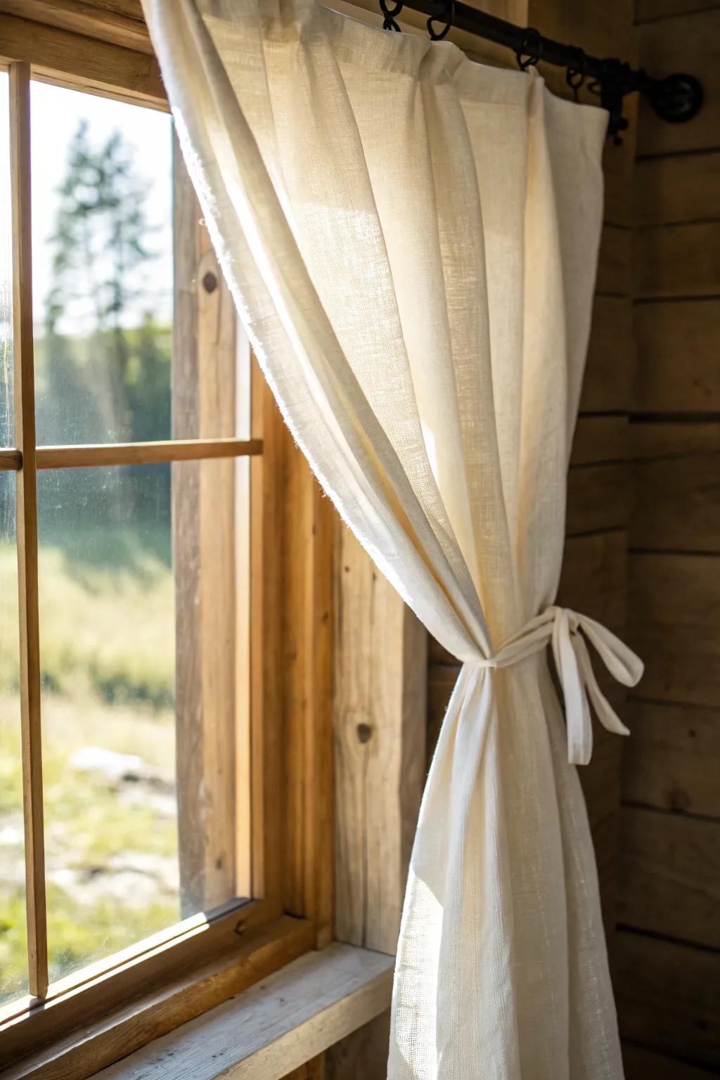 Simple linen curtains add breezy softness to a small rustic sunroom—light, airy, and calm.