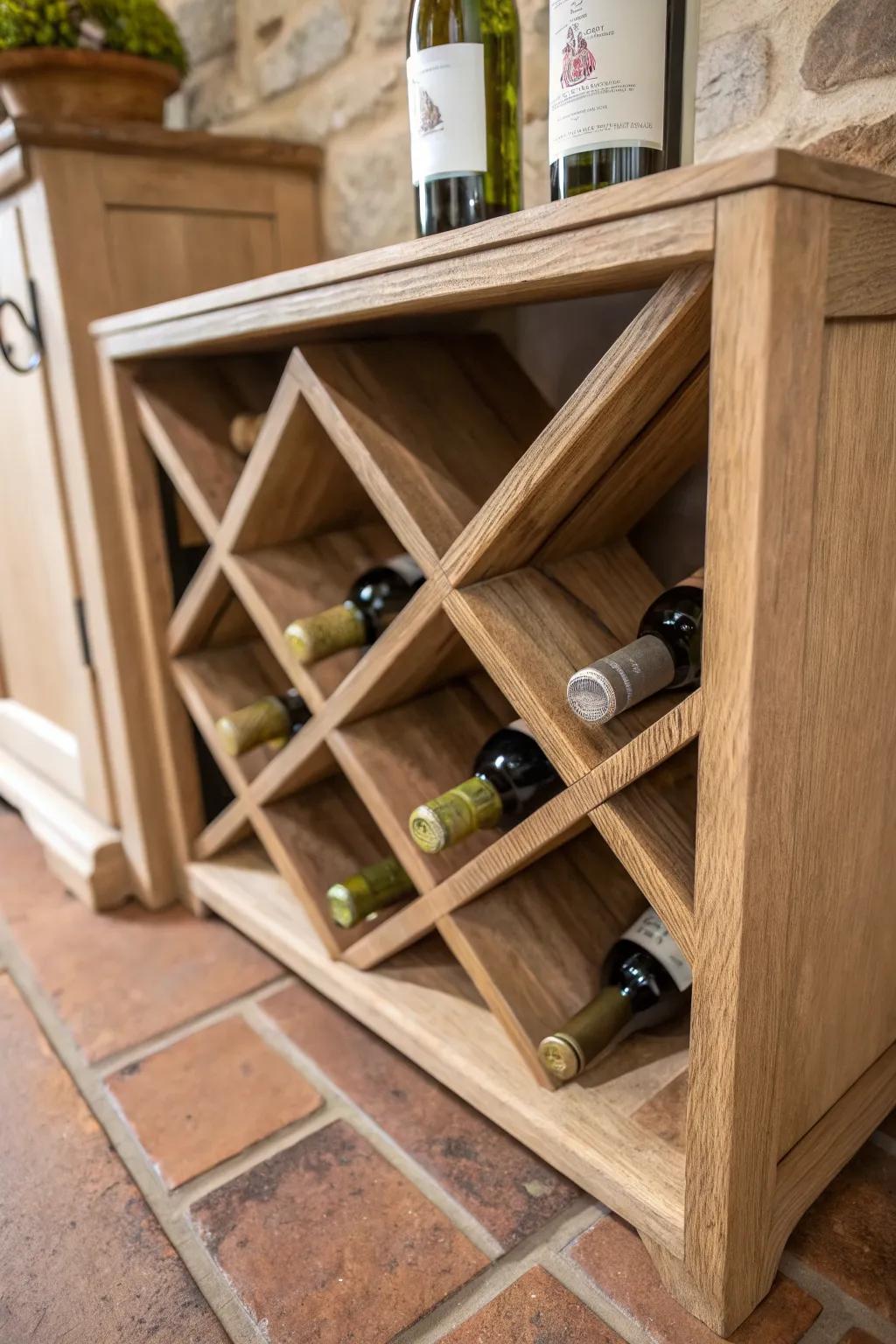 Bottom diamond bins add rustic charm and hide bulk bottles beautifully in small cellars.