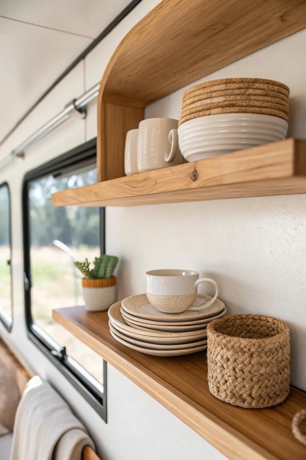 A single open shelf lightens an RV kitchen—keep dishes neutral for a calm, curated look.