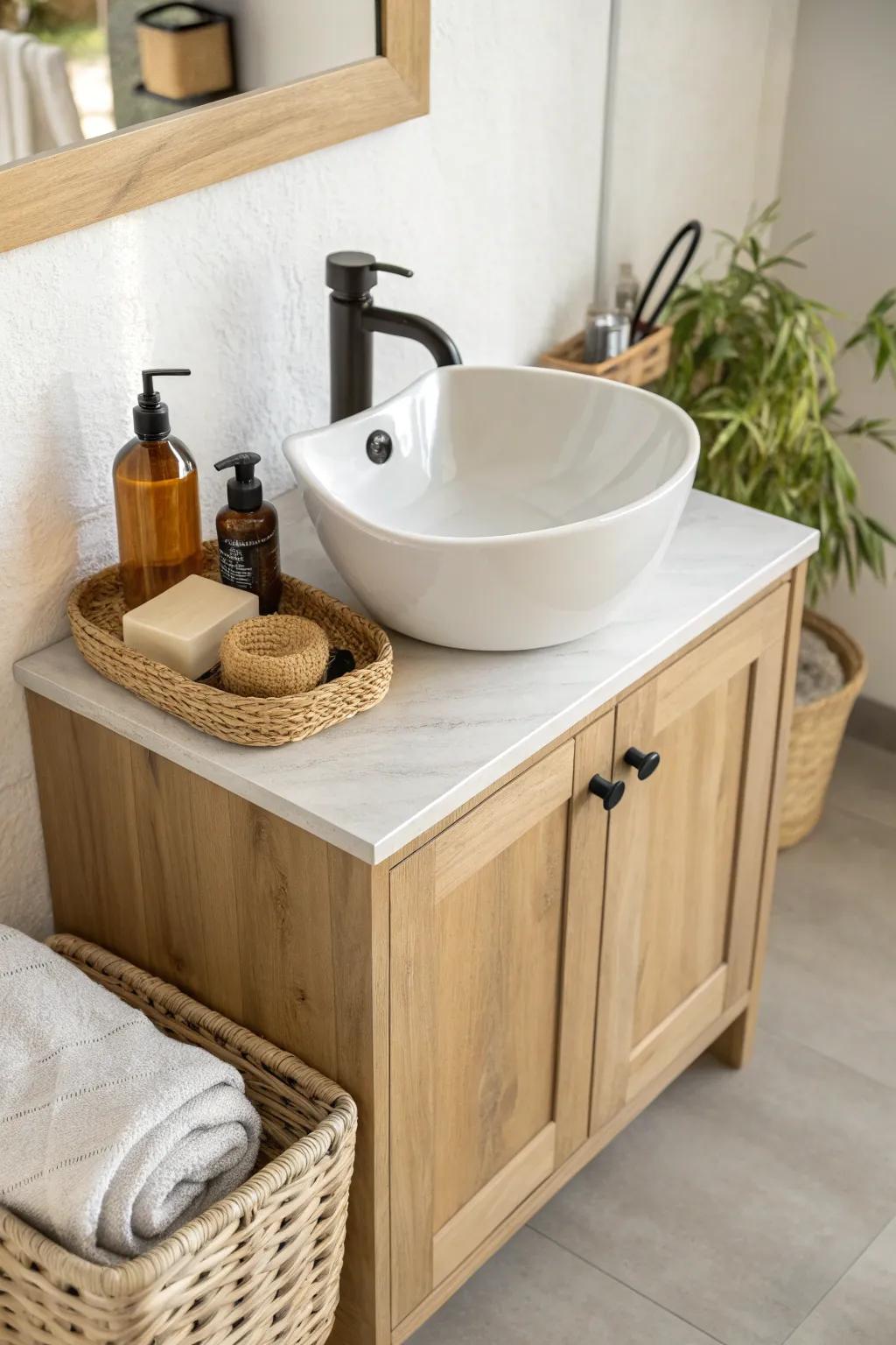 A corner shampoo zone that saves space and looks effortlessly Scandinavian chic.